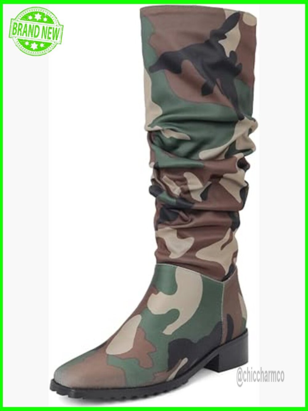 Slouchy Knee High Boots Square Toe Chunky Flat Heel Riding Combat Tall Pull On